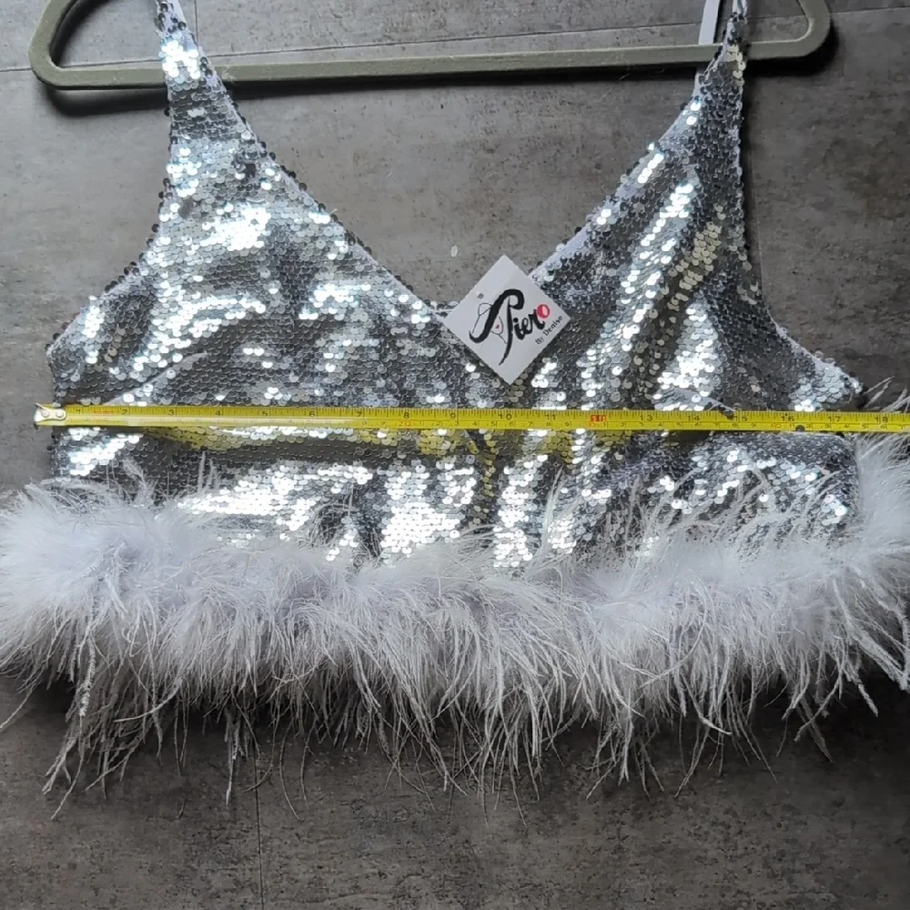 Silver Sequin Camisole with Feather Trim - Picture 7 of 8